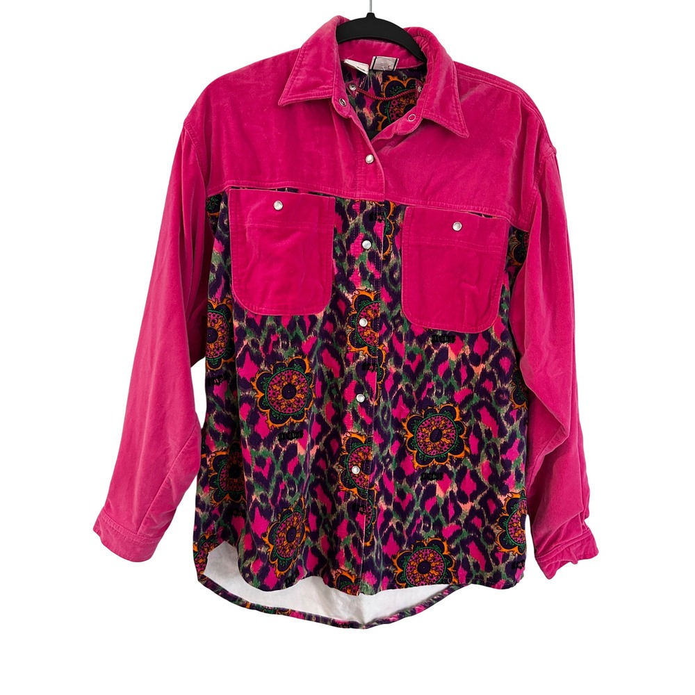 Vintage Major Damage Pink Corduroy Psychedelic Print Button Up Shirt Size 2